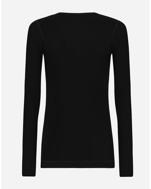 Dolce & Gabbana Black Long-sleeved Granddad-neck T-shirt In Washed Fine-rib Cotton for men