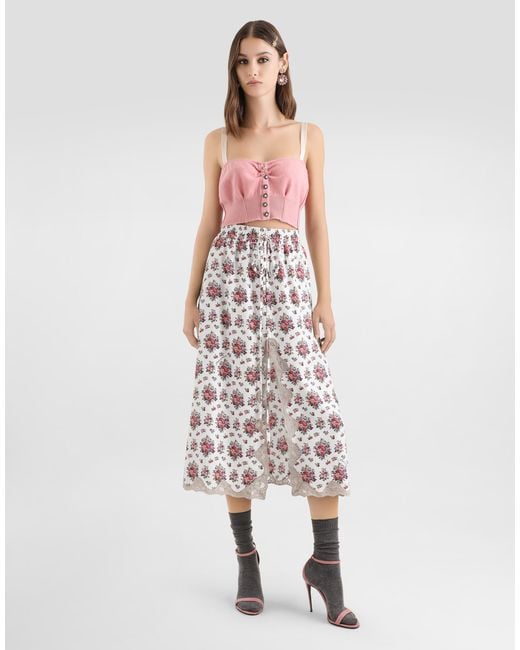 Dolce & Gabbana White Small Flower Bouquets-Print Midi Skirt