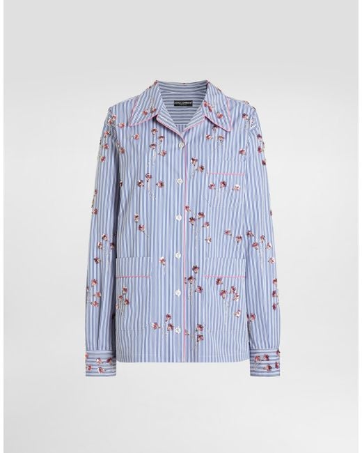 Dolce & Gabbana Blue Poplin Shirt With Crystal Flower Embroidery
