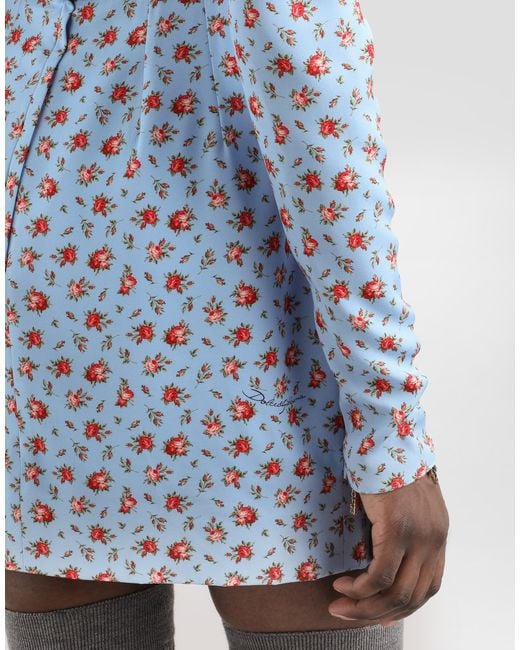 Dolce & Gabbana Blue Silk Dress With Floral Motif