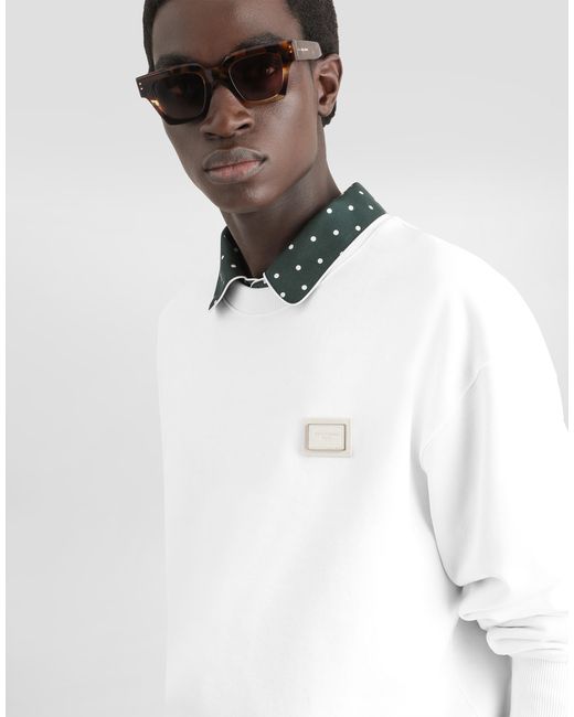 Dolce & Gabbana White Jersey Sweatshirt With Logo Plate for men