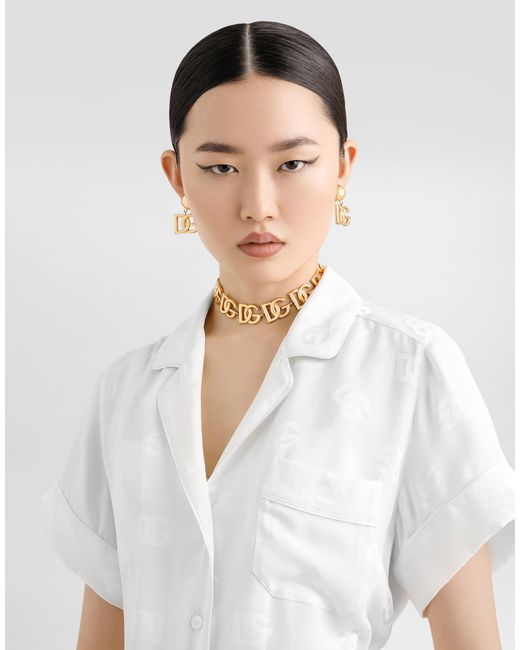 Dolce & Gabbana White Short-Sleeved Silk Satin Jacquard Pajama Shirt With Dg Logo