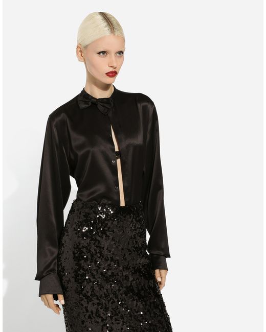 Dolce & Gabbana Black Silk Bow Tie-Detail Blouse