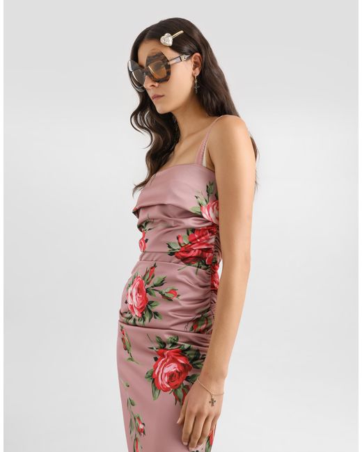 Dolce & Gabbana White Rose Bouquet-Print Satin Dress