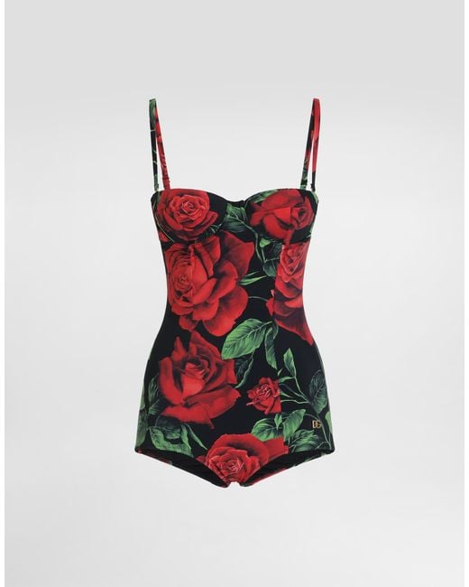 Dolce & Gabbana Red Rose-Print Balconette One-Piece Swimsuit