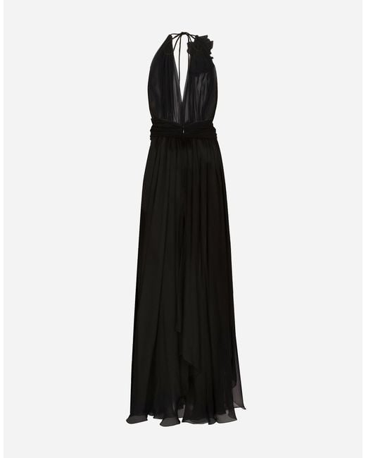 Dolce & Gabbana Black Long Silk Chiffon Dress With Floral Appliqué