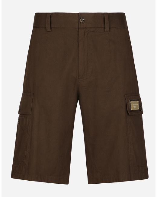 メンズ Dolce & Gabbana カーゴバミューダパンツ コットンギャバジン ロゴプレート Brown
