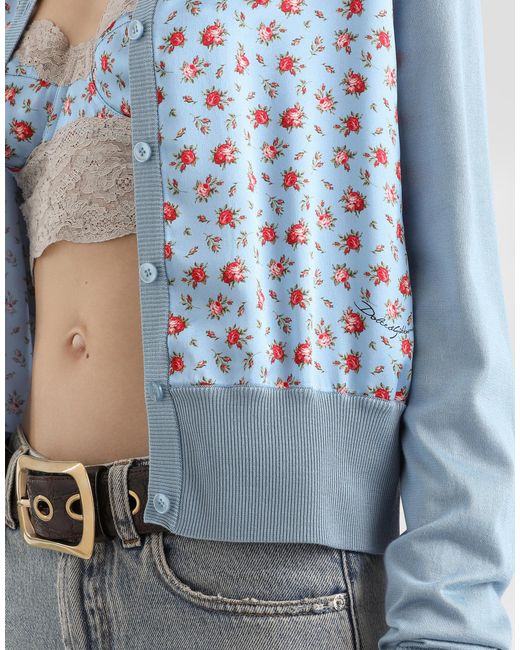 Dolce & Gabbana Blue Small Rose-Print Satin Cardigan