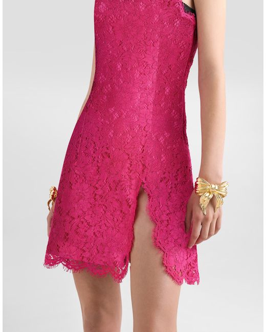 Dolce & Gabbana Pink Floral Cordonetto Lace Minidress With Slit