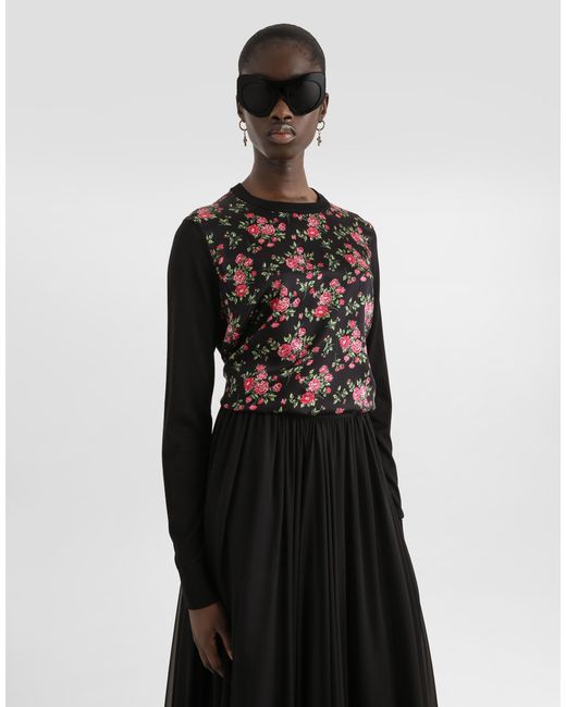 Dolce & Gabbana Black Small Rose Bouquets-Print Silk And Satin Pullover