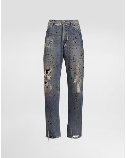 Dolce & Gabbana Blue Denim Trousers With Rhinestones for men