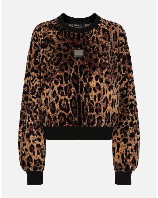 Dolce & Gabbana Black Round-Neck Chenille Sweatshirt With Jacquard Leopard Design