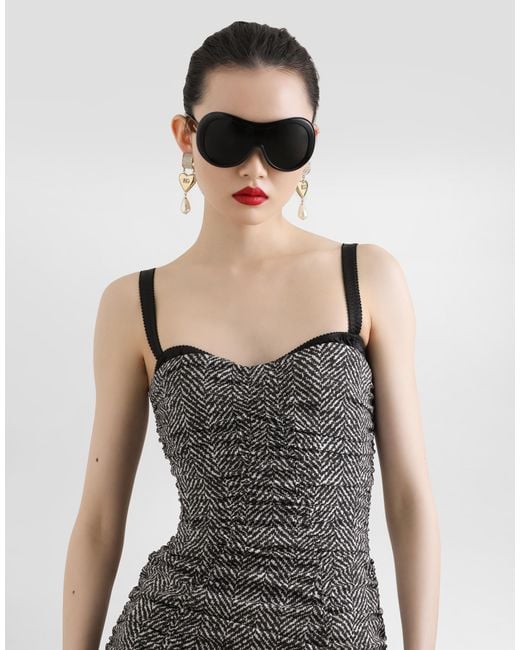 Dolce & Gabbana Gray Habotai Silk Dress With Chevron Print