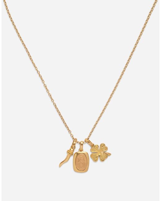 Dolce & Gabbana Devotion And Rounded Rectangular Pendant With A Virgin Mary Medallion, Horn And Four-Leaf Clover Pendants On Chain in White für Herren