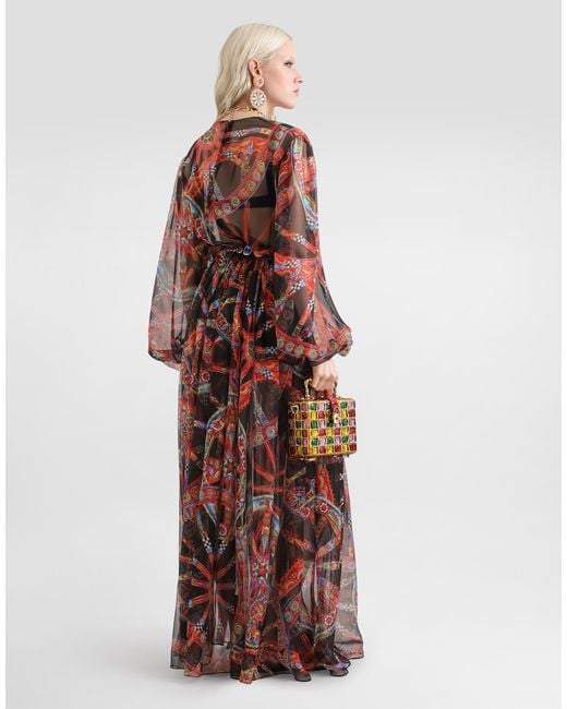 Dolce & Gabbana Red Carretto-Print Chiffon Long Dress