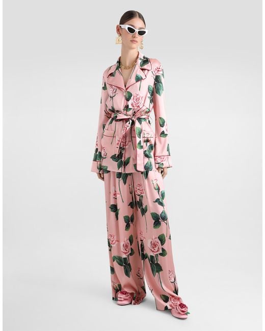 Pantalones Estilo Pijama De Seda Con Estampado De Rosas Dolce & Gabbana de color Pink
