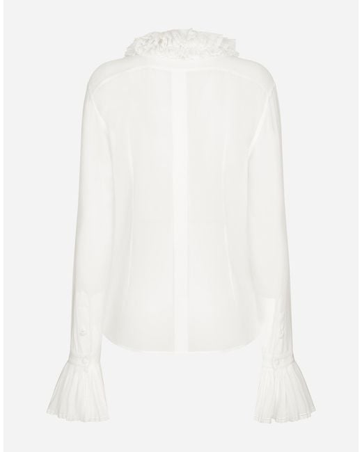 Dolce & Gabbana White Bluse Aus Georgette Mit Plissierten Details An Kragen Und Ärmelabschluss