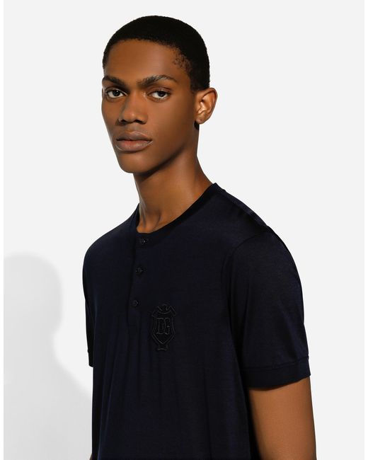 Dolce & Gabbana Blue Silk Granddad-Neck T-Shirt for men