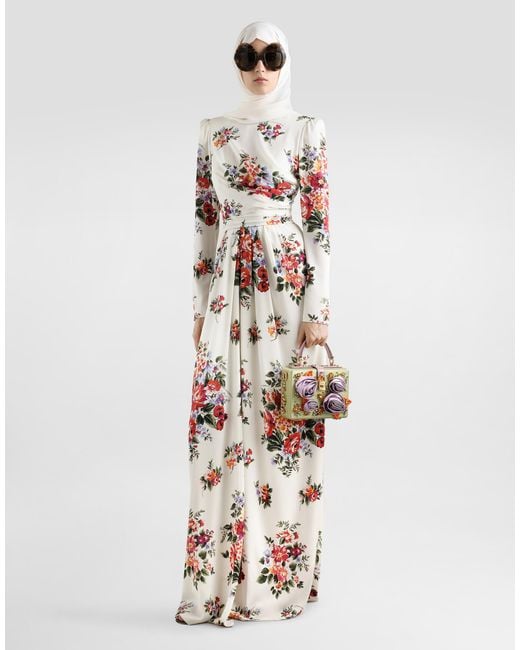 Dolce & Gabbana White Flower Bouquet-Print Charmeuse Dress