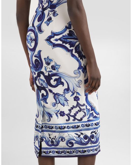 Dolce & Gabbana Blue Dg Exclusive Kleid Aus Seide Mit Majolika-Print