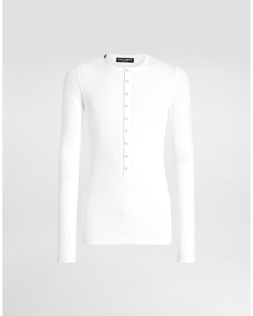 Dolce & Gabbana White Fine-Rib Cotton Granddad-Neck T-Shirt for men