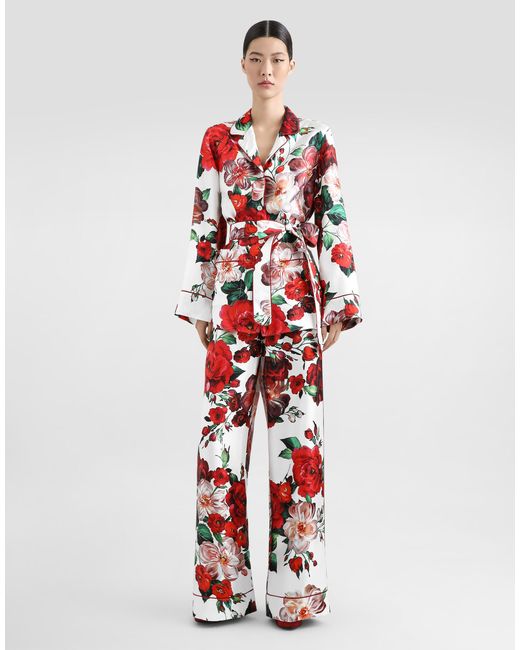 Dolce & Gabbana Red Long-Sleeved Twill Pajama Shirt With Rose