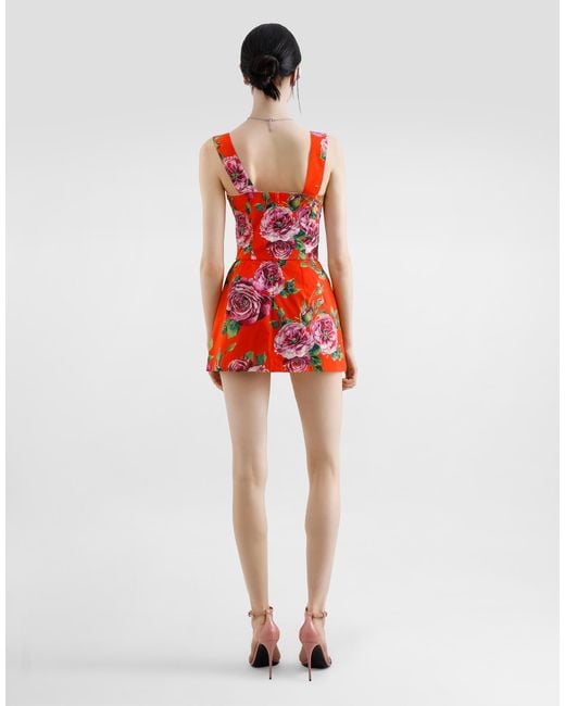 Dolce & Gabbana Red Long Cotton Corset Top With Rose