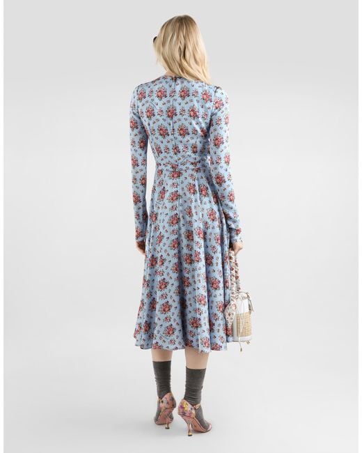 Dolce & Gabbana Blue Small Flower Bouquets-Print Long Charmeuse Dress