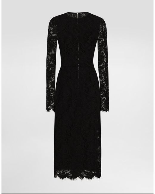 Dolce & Gabbana Black Ausgestelltes Longuette-Kleid Aus Floraler Spitze Mit Kontrastierendem Futter