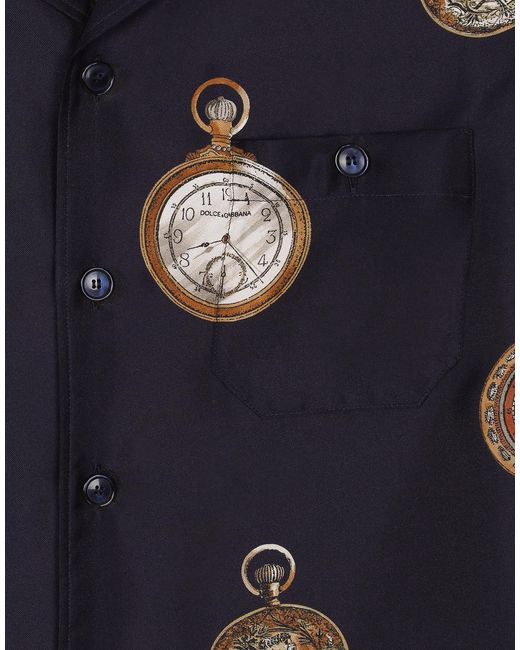 Camisa Hawaii En Sarga De Seda Con Estampado De Relojes Dolce & Gabbana de hombre de color Blue