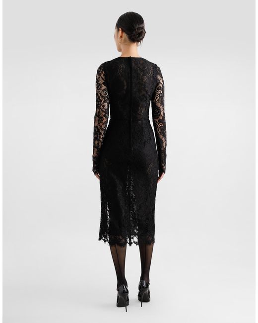 Dolce & Gabbana Black Ausgestelltes Longuette-Kleid Aus Floraler Spitze Mit Kontrastierendem Futter