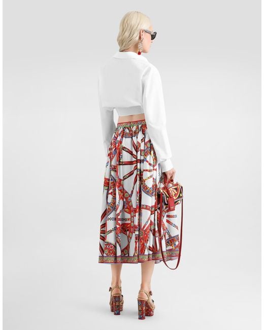 Dolce & Gabbana Red Carretto-Print Poplin Long Skirt