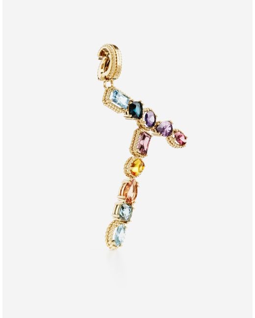 Dolce & Gabbana Metallic Charm T Lettering 18Kt And Multicolored Gems