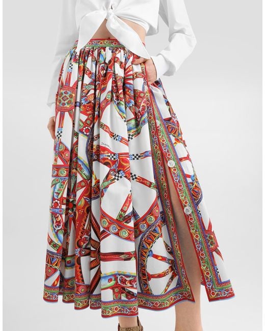 Dolce & Gabbana Red Carretto-Print Poplin Long Skirt