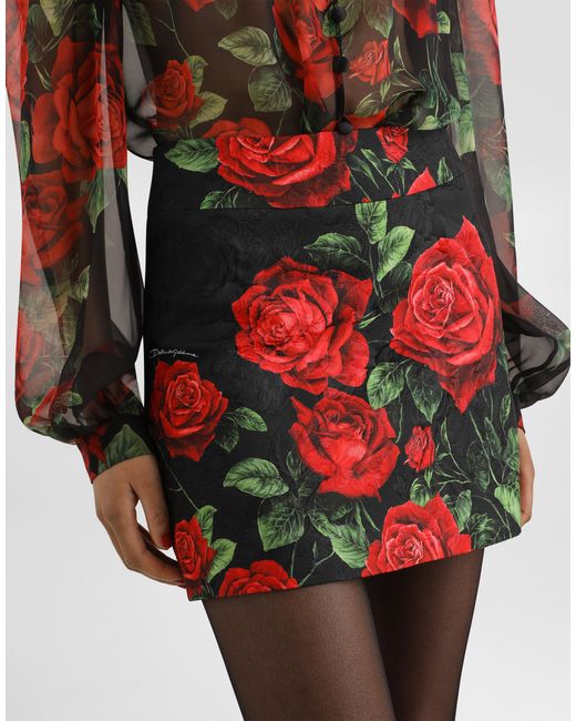 Dolce & Gabbana Red Rose-Print Brocade Skirt