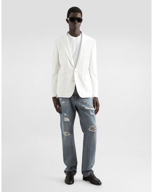 Dolce & Gabbana White Single-Breasted Stretch Jersey Jacket With Logo Embroidery for men