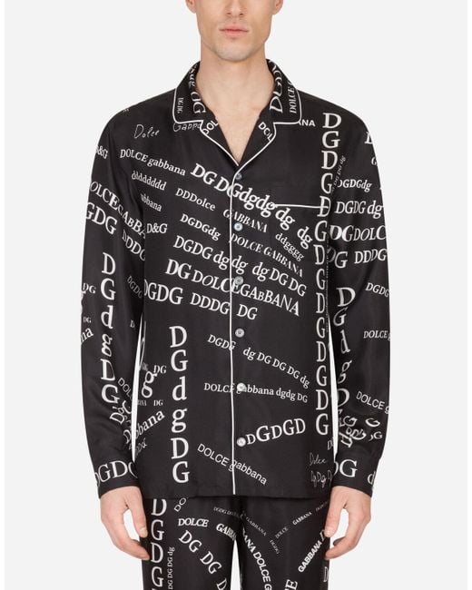 Dolce & Gabbana Silk Pajama Shirt With Lettering Print in Black for Men |  Lyst