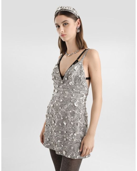 Dolce & Gabbana Gray Brocade Dress With Embroidery