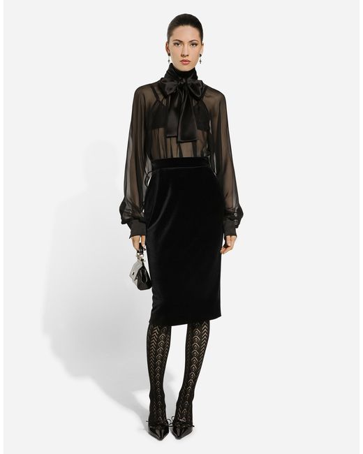 Dolce & Gabbana Black Velvet Midi Pencil Skirt