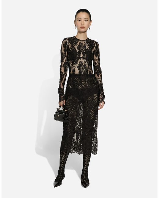 Dolce & Gabbana Black Calf-Length Floral Lace Dress