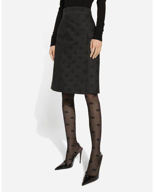 Dolce & Gabbana Black Midirock Aus Matelassé-Jacquard Dg-Logo