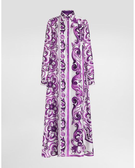 Dolce & Gabbana Purple Majolica-Print Long Twill Shirt Dress
