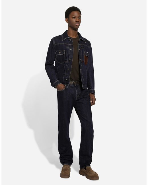 Dolce & Gabbana Blue Denim Jacket With Embossed Tag On Leather for men