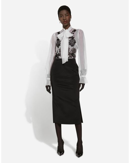 Dolce & Gabbana White Organza Pussy-Bow Shirt With Lace Appliqués