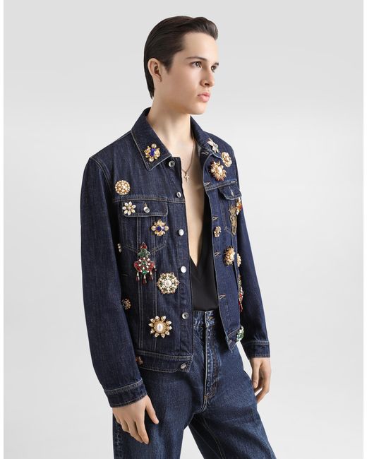 Dolce & Gabbana Blue Cotton Denim Jacket With Bejeweled Detailing for men
