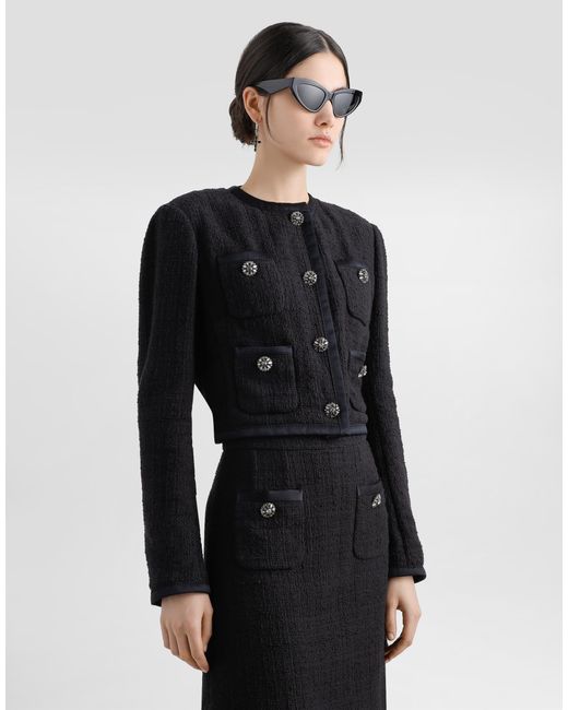 Dolce & Gabbana Black Cropped Single-Breasted Raschel Tweed Jacket With Bejeweled Buttons