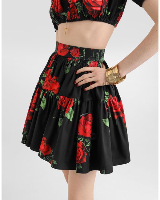 Dolce & Gabbana Red Rose-Print Poplin Skirt
