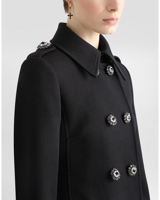Dolce & Gabbana Black Double-Breasted Wool Coat With Bejeweled Buttons