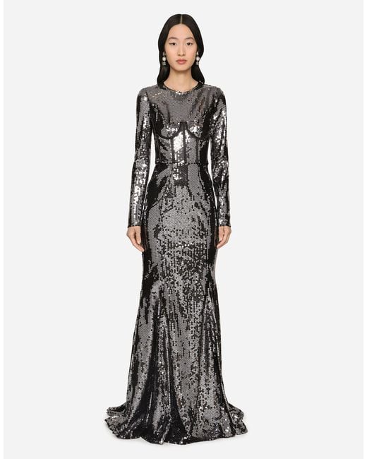 Dolce & Gabbana White Long Sequined Dress With Corset Detailing