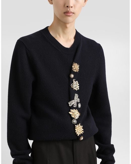 Dolce & Gabbana Blue Wool Round-Neck Sweater With Bejeweled Buttons for men